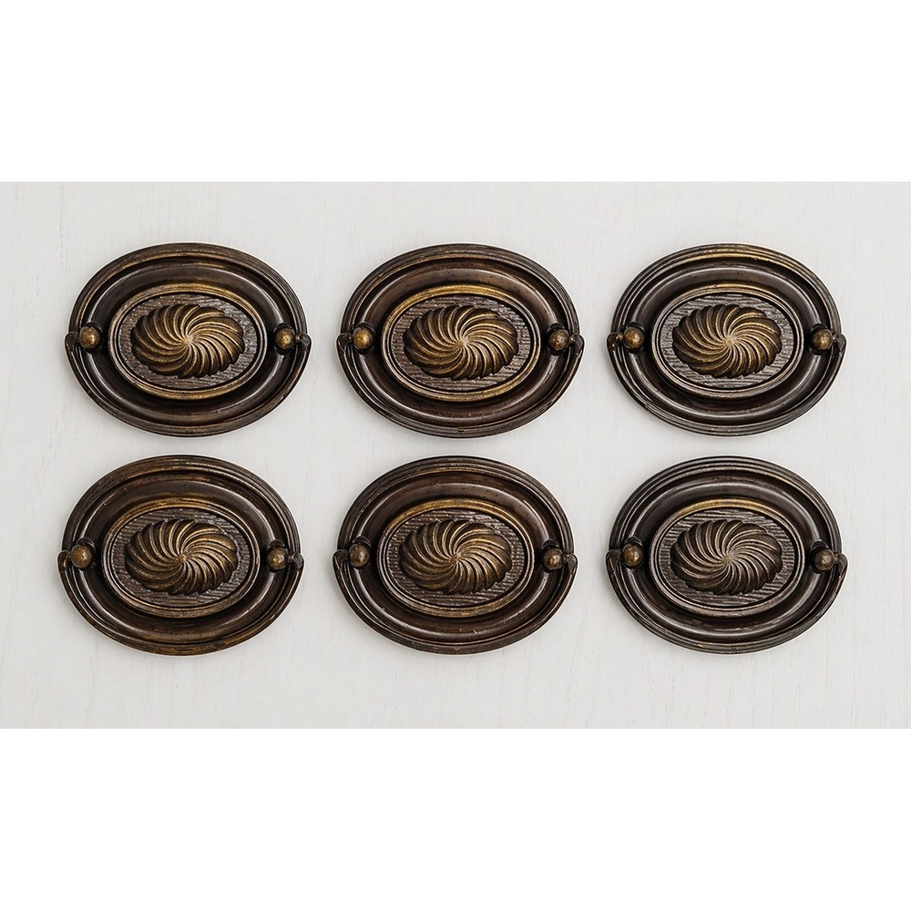 Set of 6 Vintage Hepplewhite Style Oval Brass Drawer Pulls w/ Sunburst Backplate